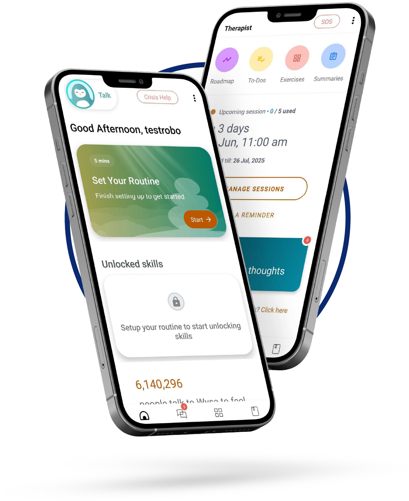 Two smartphones showing mental health app interface